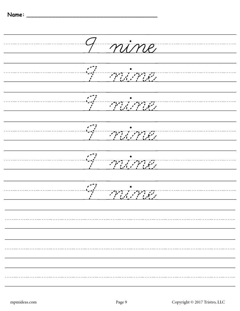 Printable Number Nine Cursive Handwriting &amp;amp; Tracing