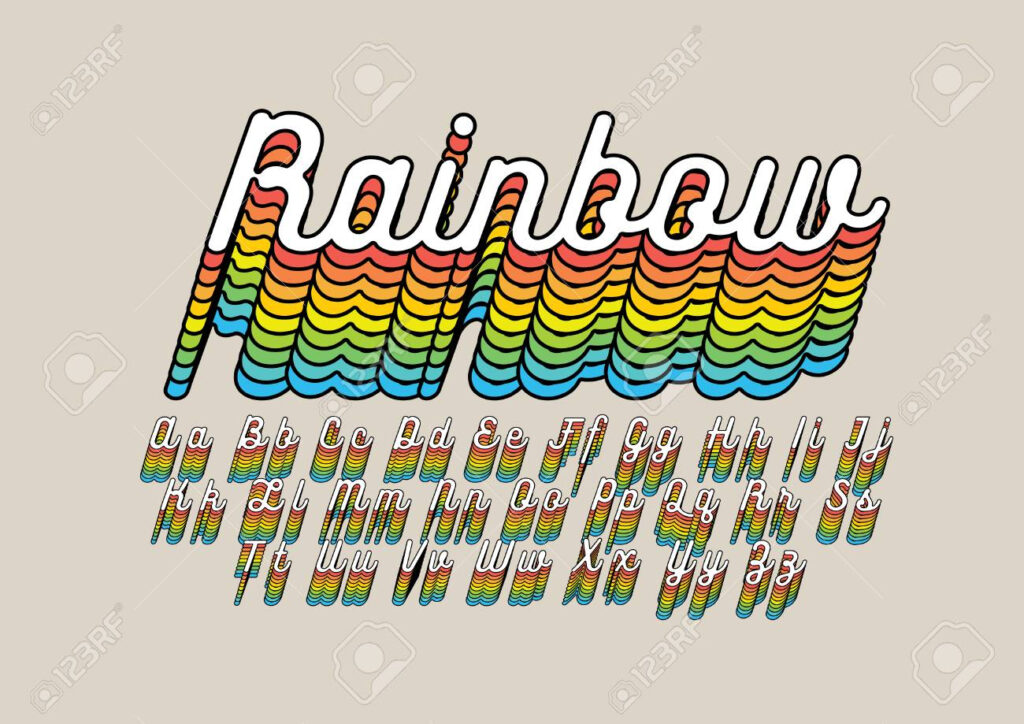 Rainbow Colored Alphabet In Cursive Font On Beige Background. Rainbow Colored Alphabet In Cursive Font On Beige Background.
