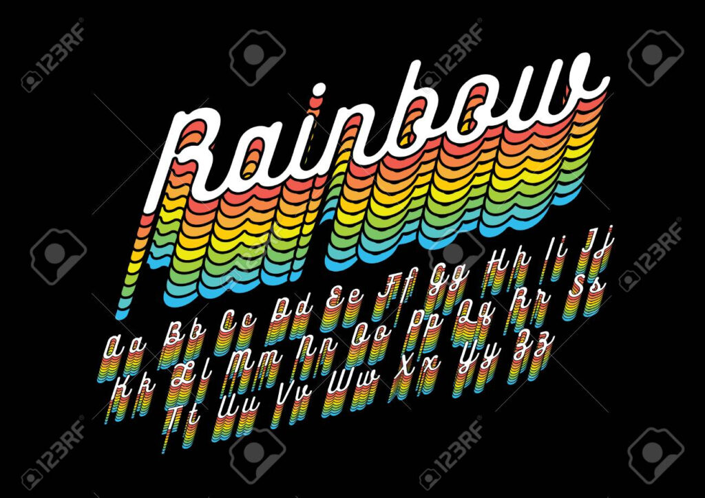 Rainbow Colored Alphabet In Cursive Font On Dark Background. Rainbow Colored Alphabet In Cursive Font On Dark Background.