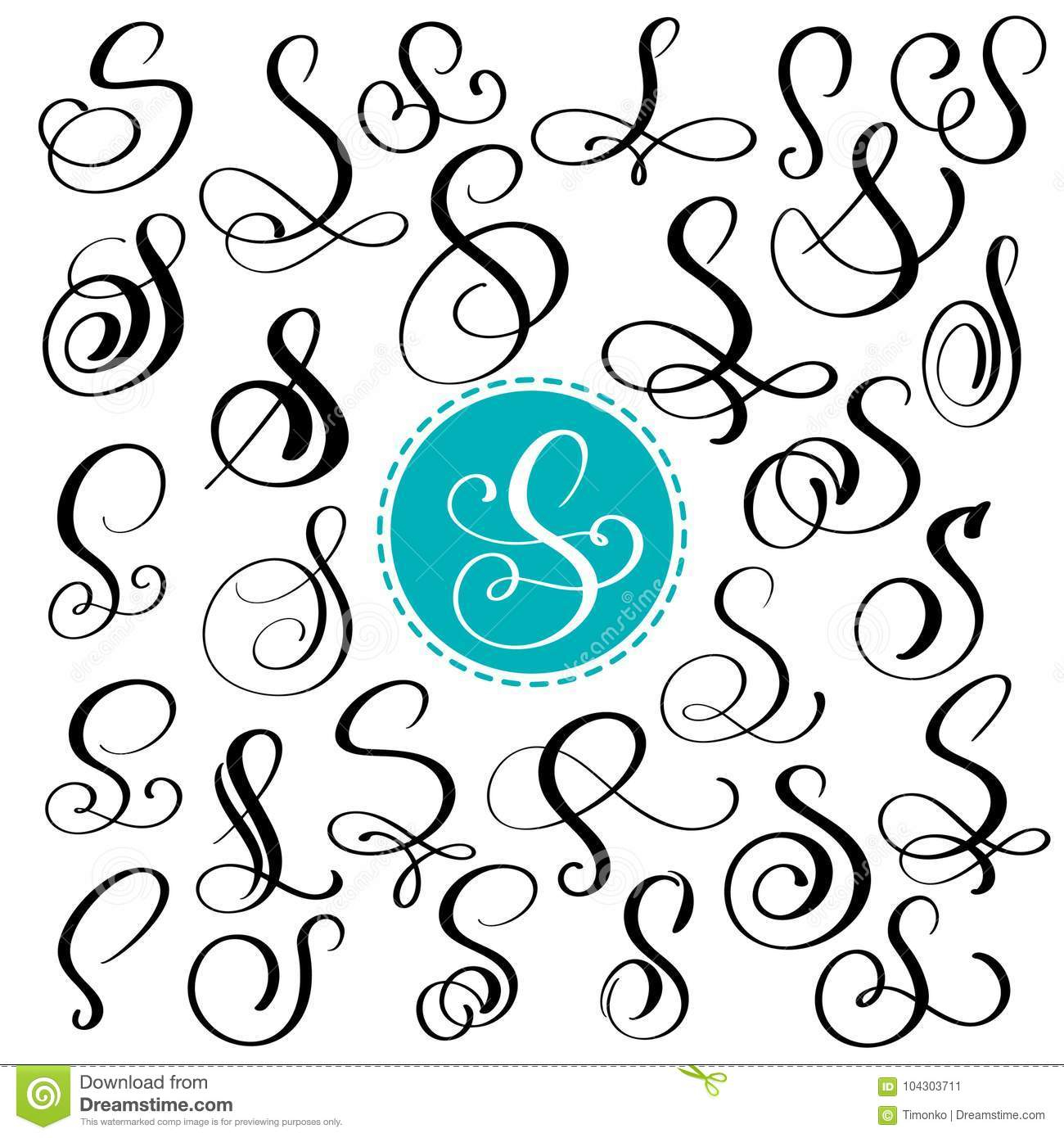 Set Letter S. Hand Drawn Vector Flourish Calligraphy. Script