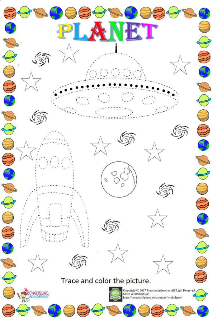 Space Themed Trace Worksheet – Preschoolplanet