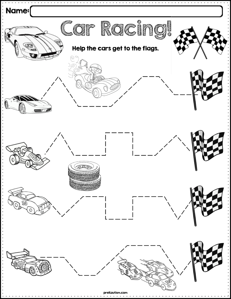 Trace The Pattern: Race Cars Worksheets | Tracing Worksheets