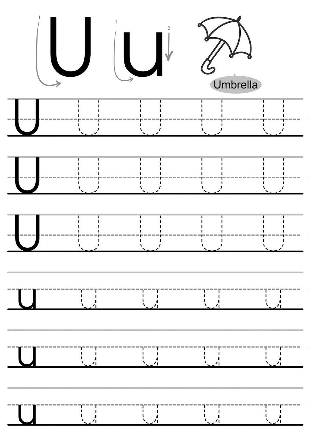 Traceable Letter Worksheets - Kids Learning Activity for Letter U Tracing And Writing