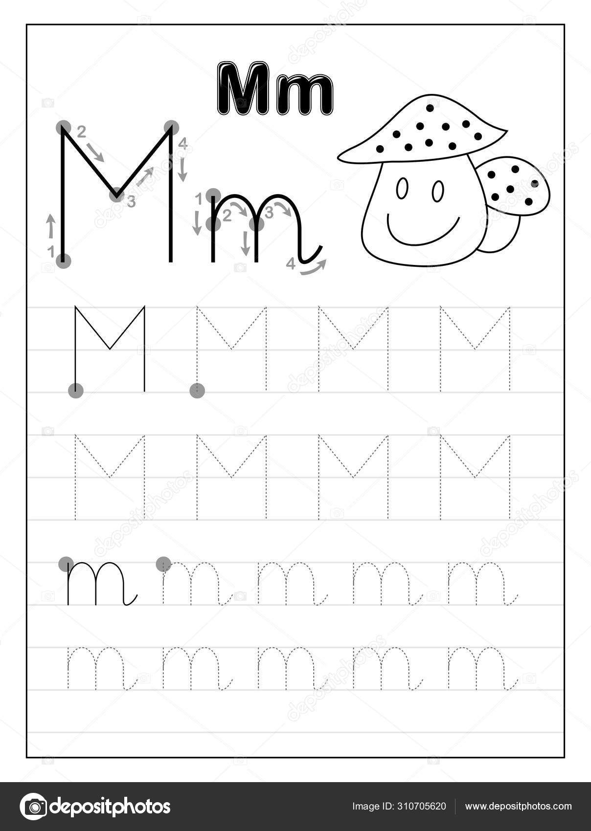 Tracing Alphabet Letter M. Black And White Educational Pages On Line For  Kids. Printable Worksheet For Children Textbook. Developing Skills Of for Alphabet M Tracing