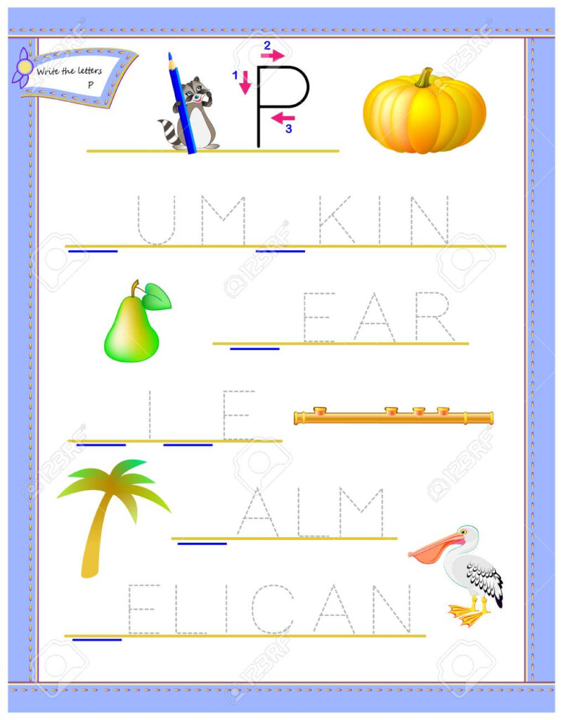 Tracing Letter P For Study English Alphabet. Printable Worksheet..