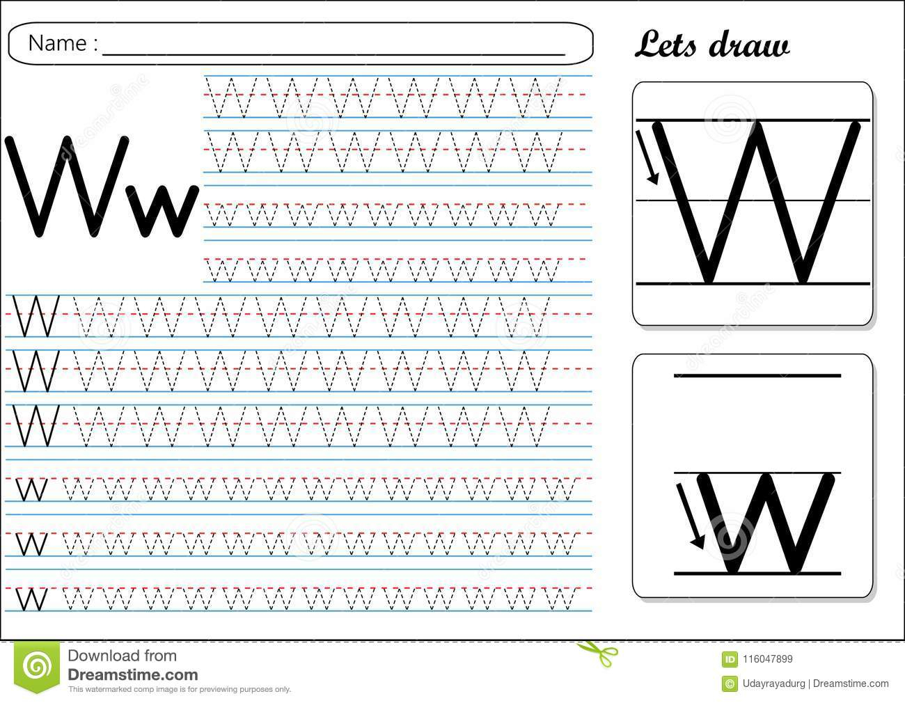 Tracing Worksheet -Ww Stock Vector. Illustration Of Practice in W Letter Tracing