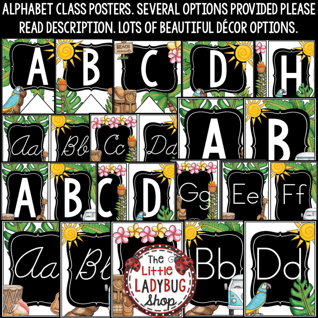 Tropical Classroom Decor: Print & Cursive Alphabet Posters Bulletin Board