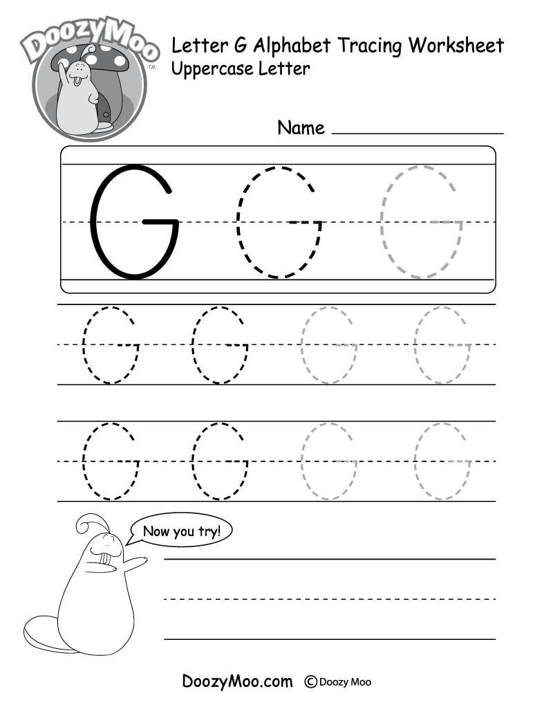 Uppercase Letter G Tracing Worksheet - Doozy Moo inside Letter G Tracing Printable