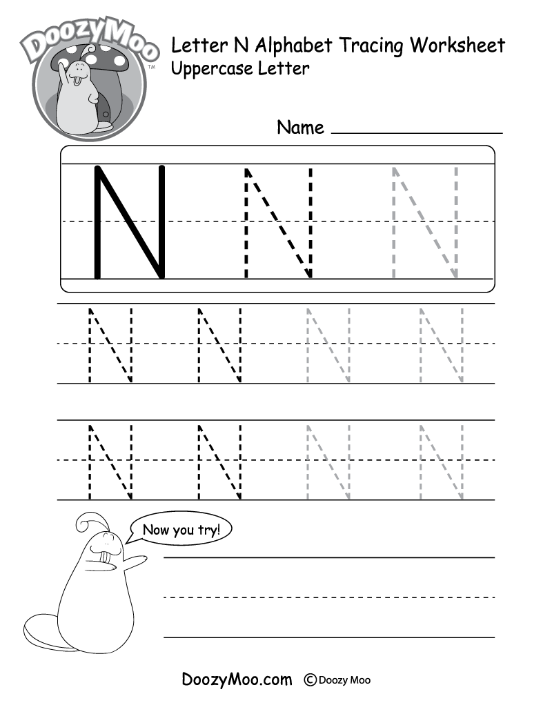 Uppercase Letter N Tracing Worksheet - Doozy Moo inside Letter N Tracing Page