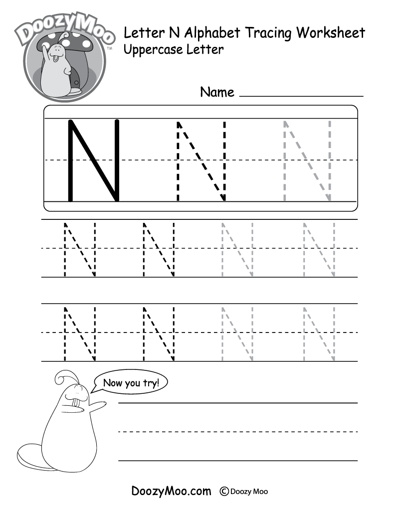 Uppercase Letter N Tracing Worksheet - Doozy Moo inside Letter N Worksheets Pdf