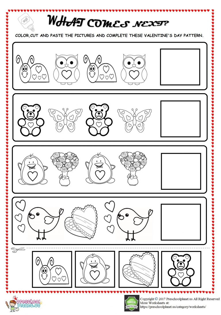 Valentine&amp;#039;s Day Pattern Worksheet For Kids – Preschoolplanet