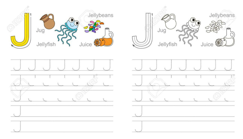 Vector Exercise Illustrated Alphabet. Learn Handwriting. Page.. For Letter Tracing J