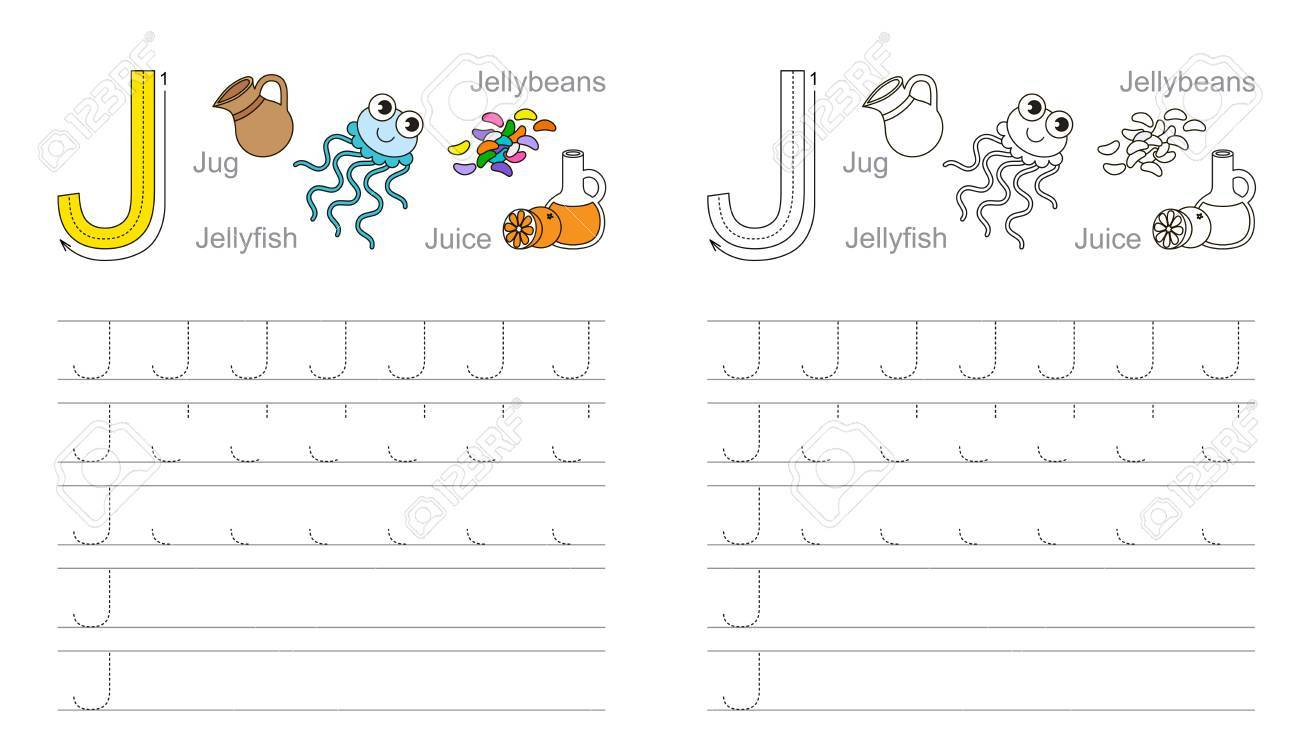 Vector Exercise Illustrated Alphabet. Learn Handwriting. Page.. for Letter Tracing J