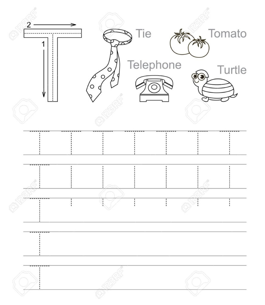 Vector Exercise Illustrated Alphabet. Learn Handwriting. Tracing.. For Letter T Tracing Page