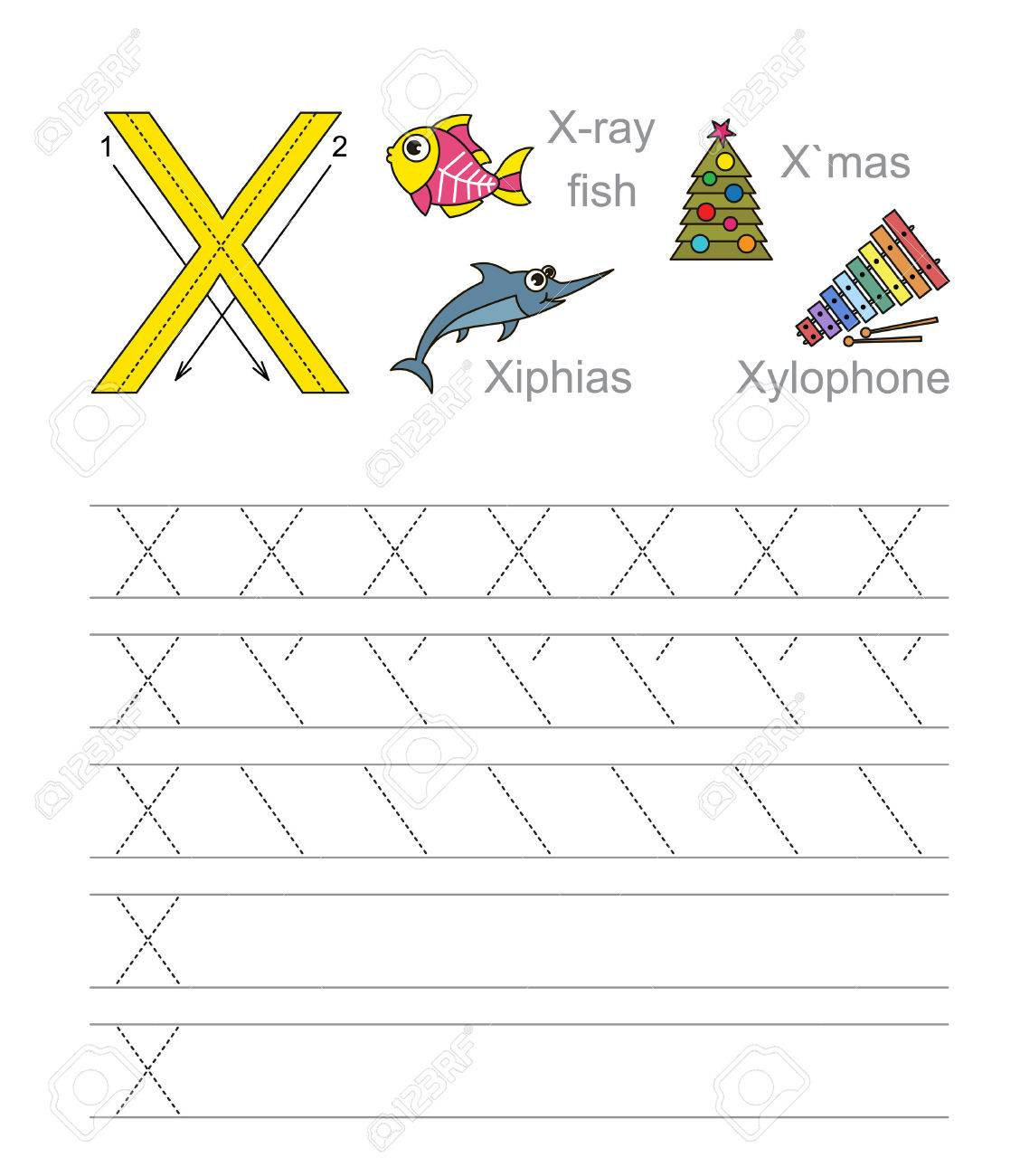 Vector Exercise Illustrated Alphabet. Learn Handwriting. Tracing.. in Letter Tracing X