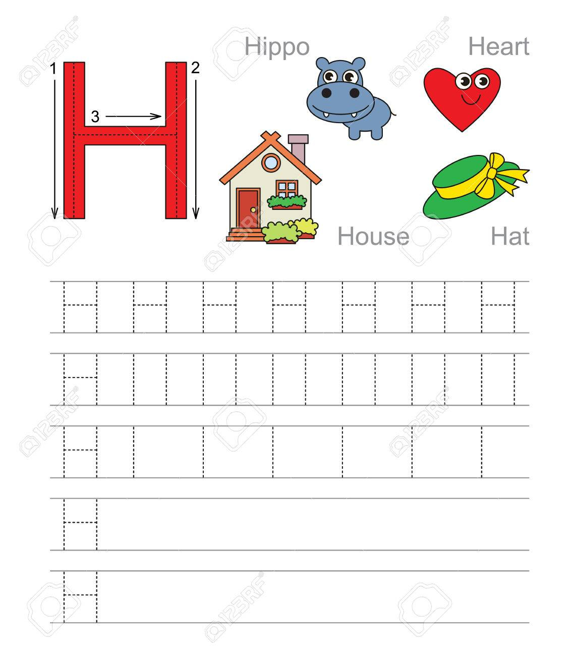 Vector Exercise Illustrated Alphabet. Learn Handwriting. Tracing.. regarding Letter H Alphabet Worksheets