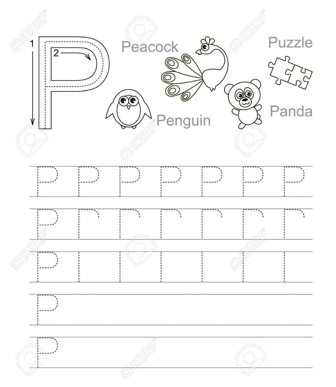 Vector Exercise Illustrated Alphabet. Learn Handwriting. Tracing.. throughout Letter P Tracing Worksheet
