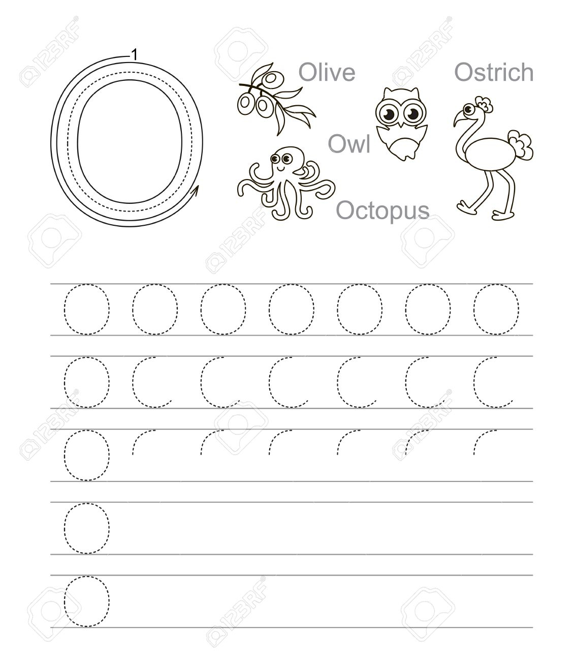 Vector Exercise Illustrated Alphabet. Learn Handwriting. Tracing.. with Letter Tracing O