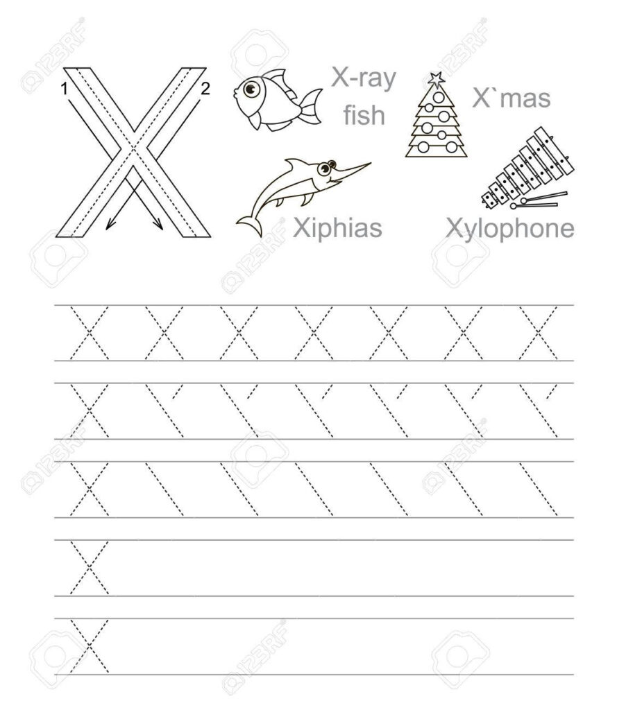 Vector Exercise Illustrated Alphabet. Learn Handwriting. Tracing.. With Letter X Tracing Page
