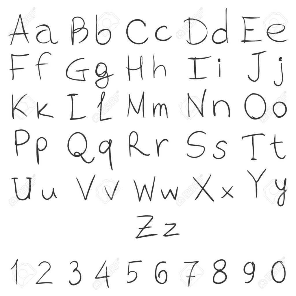 Vector Handwritten Alphabet With Numbers On White Background