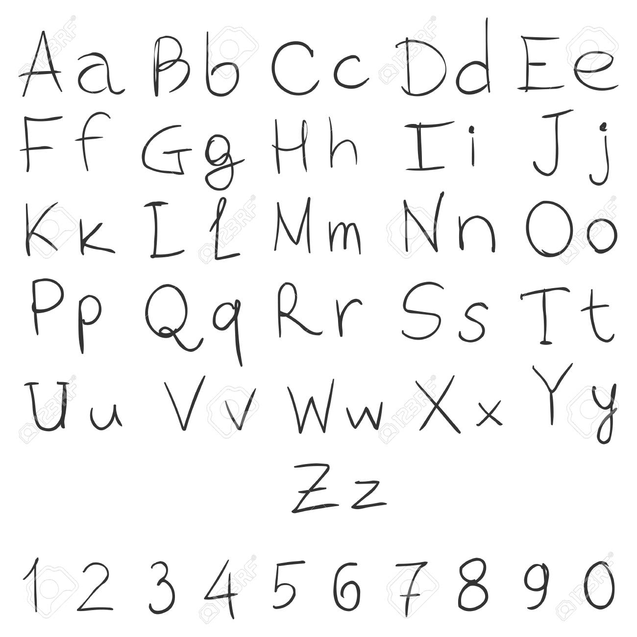 Vector Handwritten Alphabet With Numbers On White Background