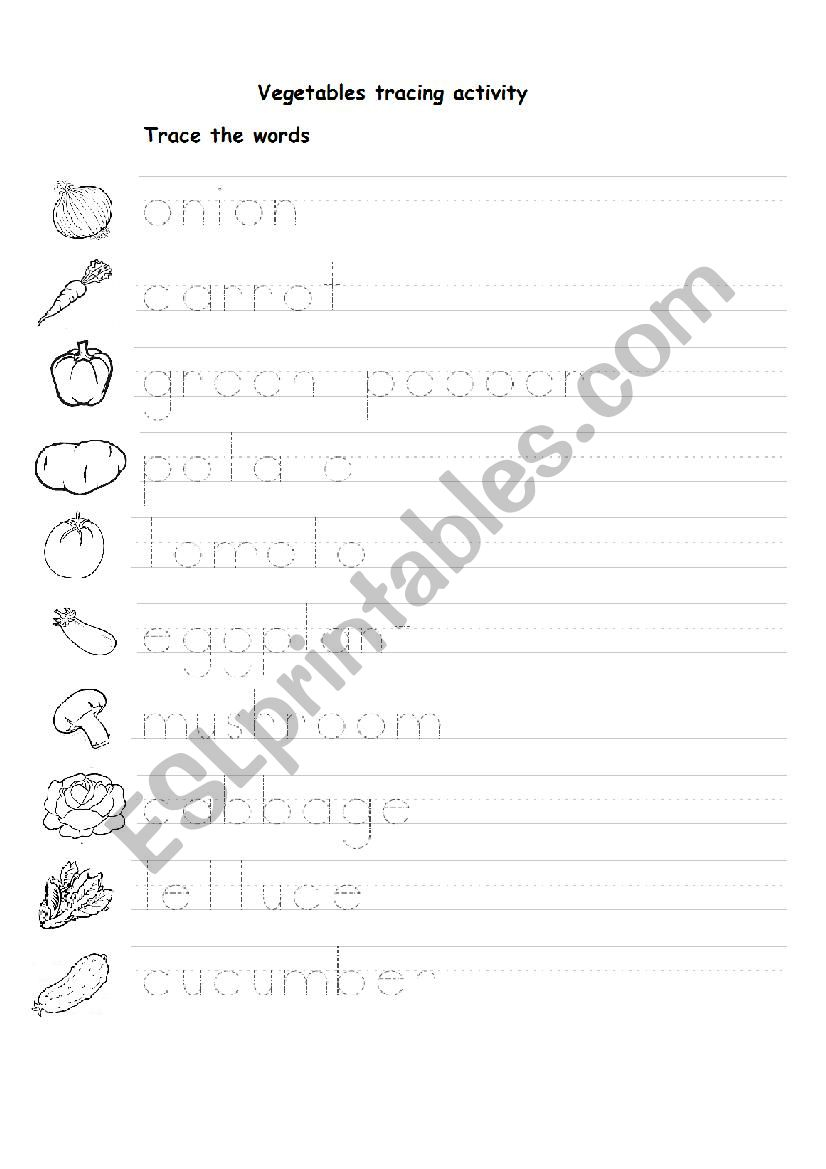 Vegetables Tracing Activity 1 - Esl Worksheetnesmecik