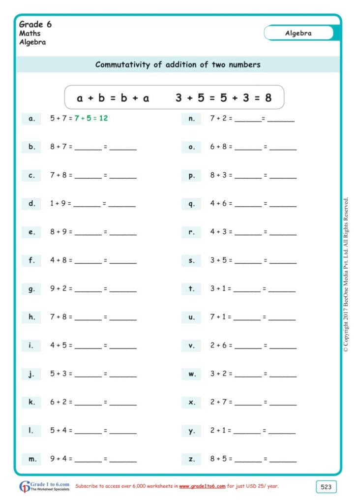Worksheet ~ Worksheet Math Worksheets Grade Commutative With Letter 6 Worksheets