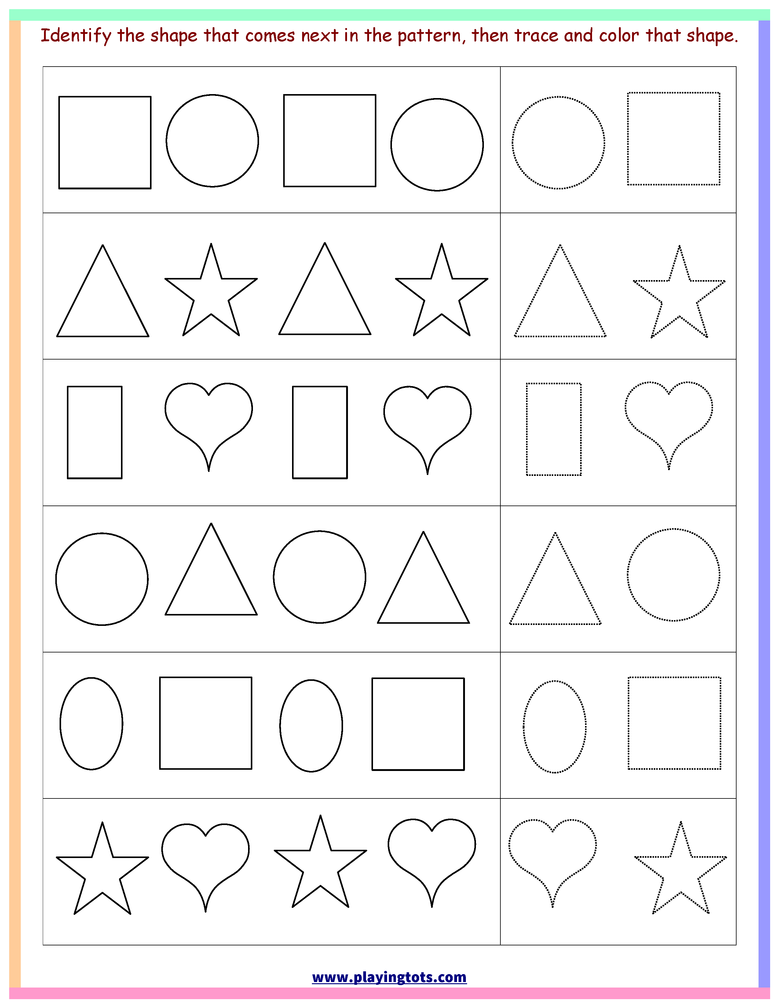 Worksheet,shapes,trace,color,pattern,free,printable,kids