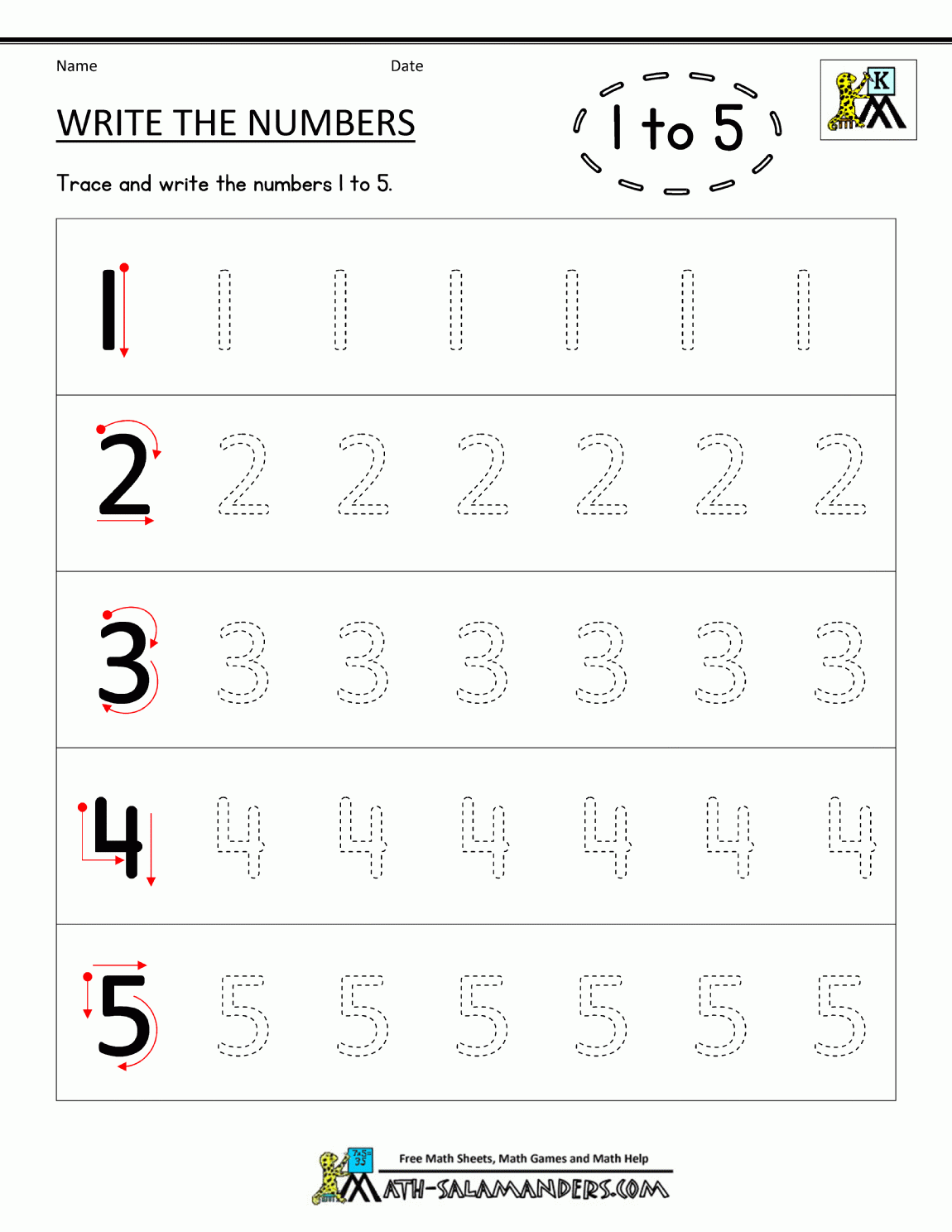 Writing Numbers Worksheets Write The Numbers 1 To 5