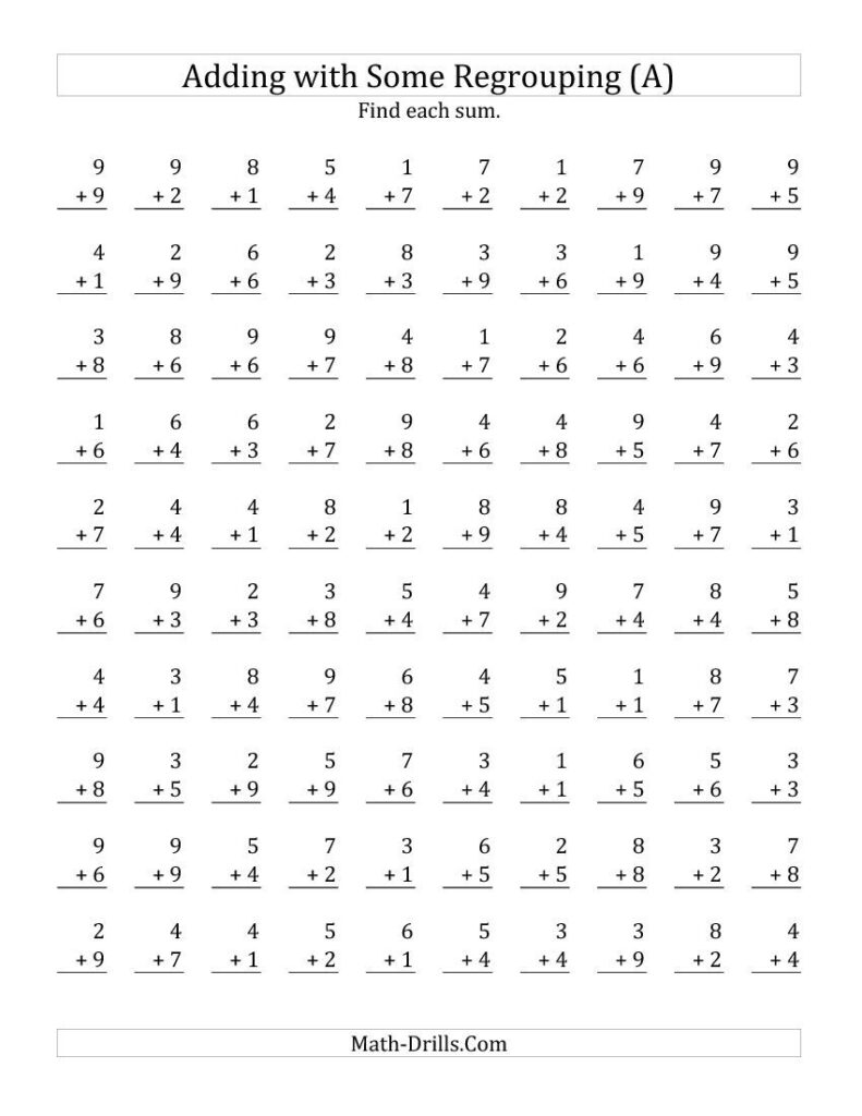 100 Single Digit Addition Questions With Some Regrouping (A