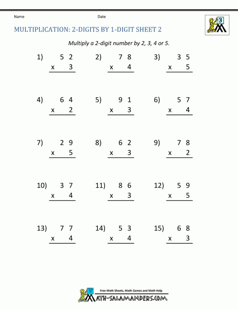 2 Digit Times 1 Digit Multiplication Worksheets