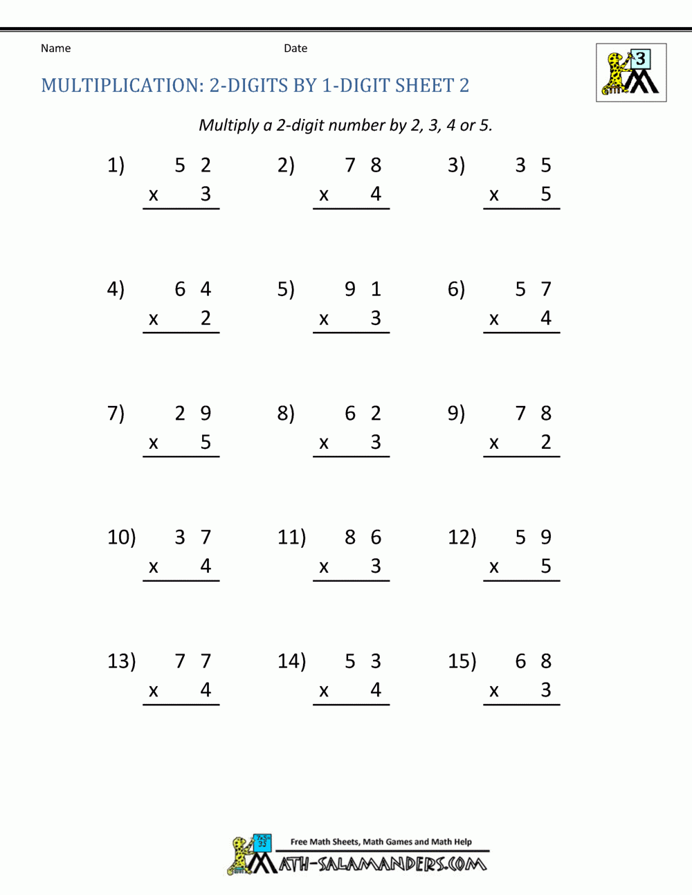 2 digit times 1 digit multiplication worksheets