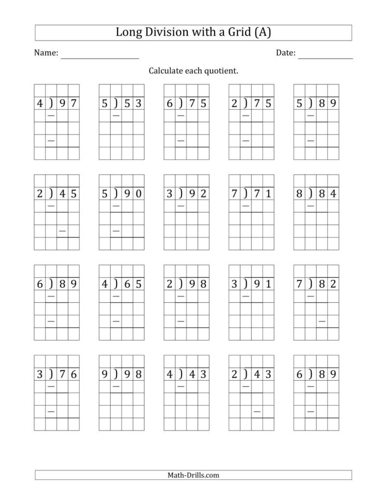 2 Digit1 Digit Long Division With Grid Assistance And