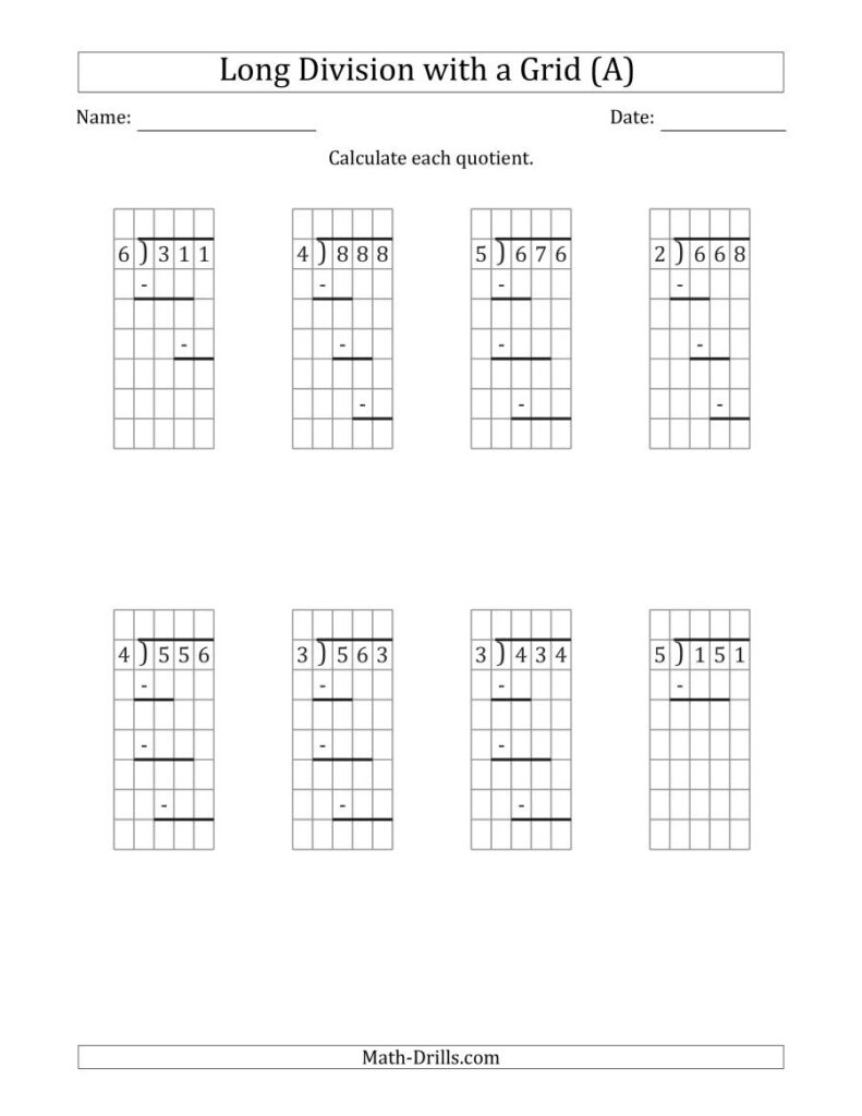 3 Digit1 Digit Long Division With Remainders With Grid