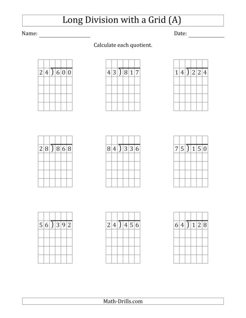 3 Digit2 Digit Long Division With Grid Assistance And No