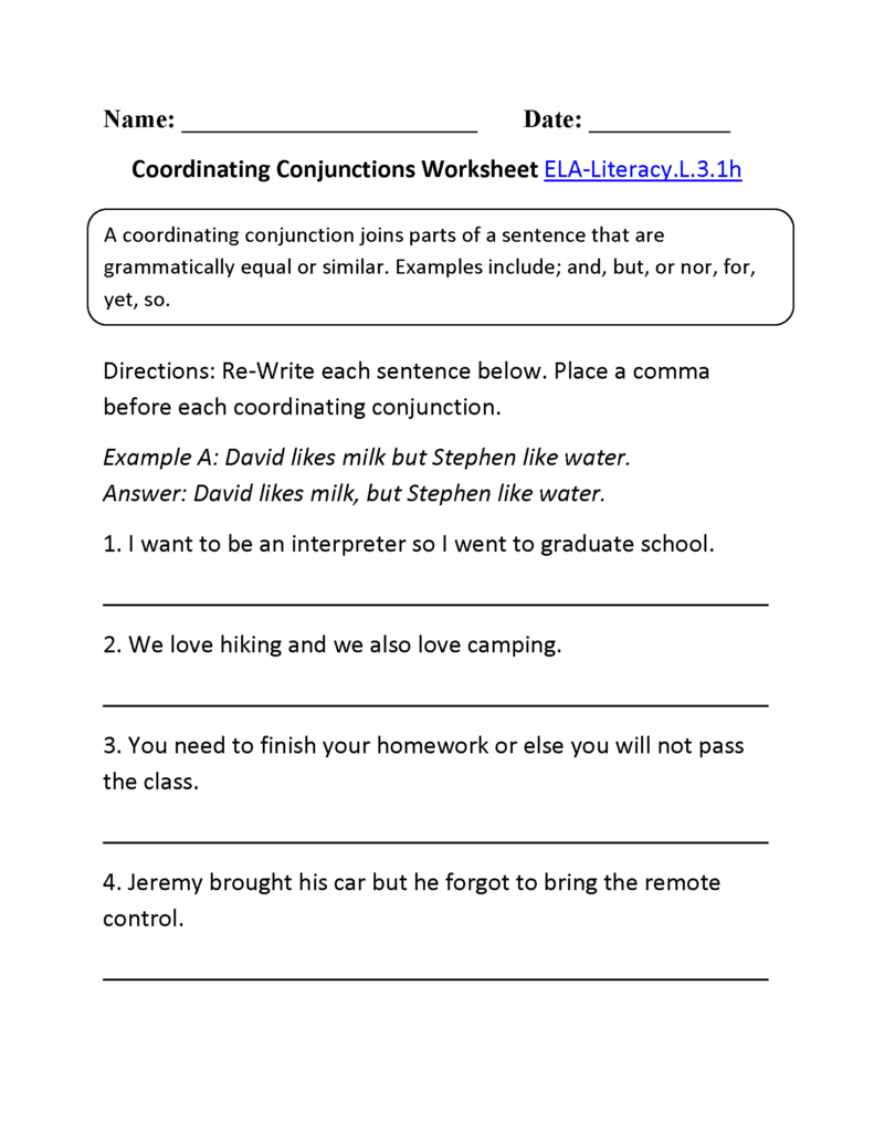 3Rd Grade Common Core | Language Worksheets | Conjunctions