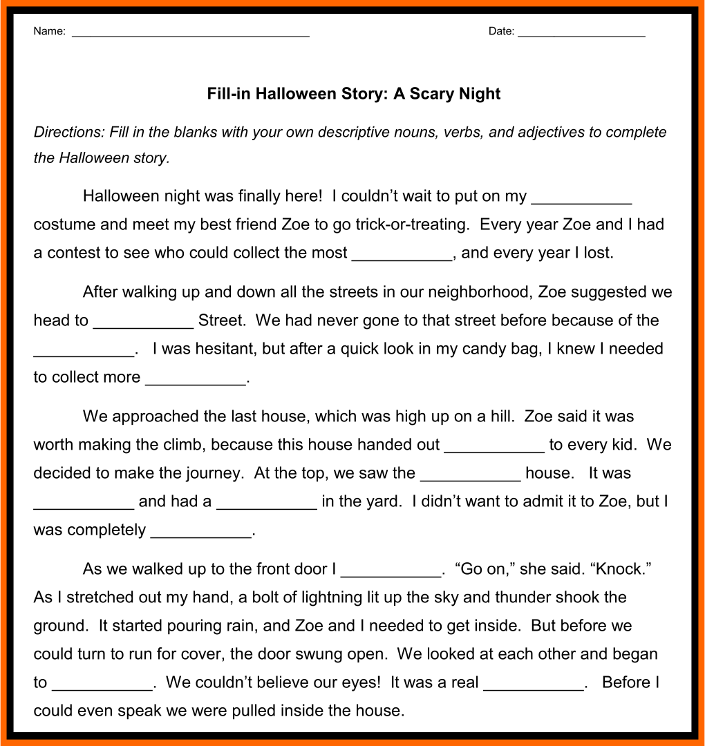 Fill In The Blanks Story Worksheets Pdf Halloween