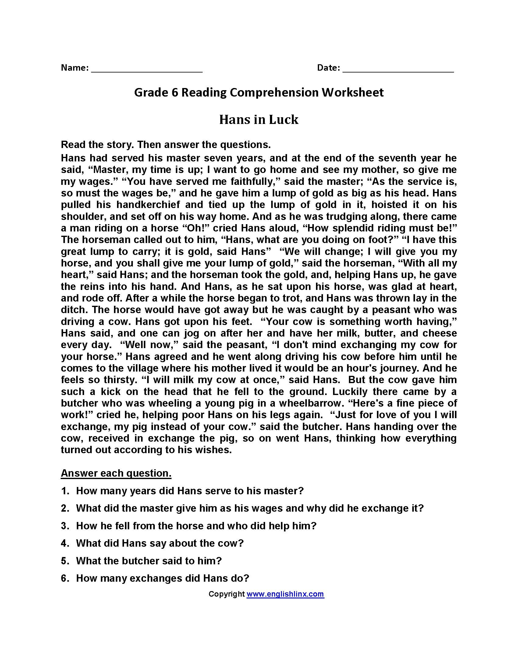 51 Free Printable Reading Worksheets For Grade 6 In 2020