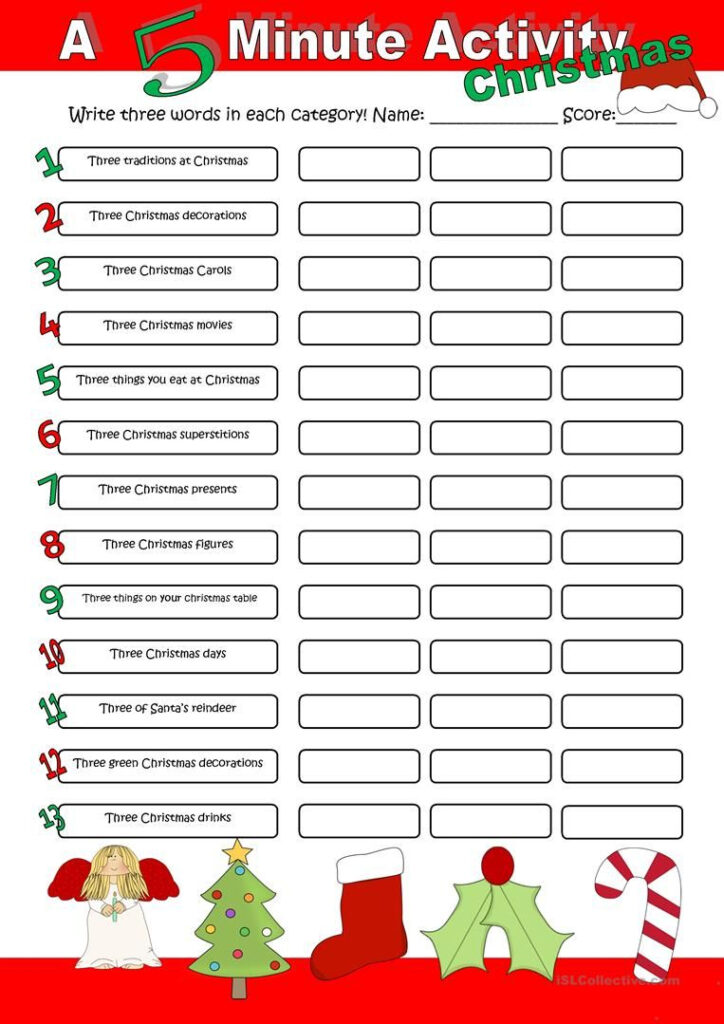 A 5 Minute Activity Christmas   English Esl Worksheets