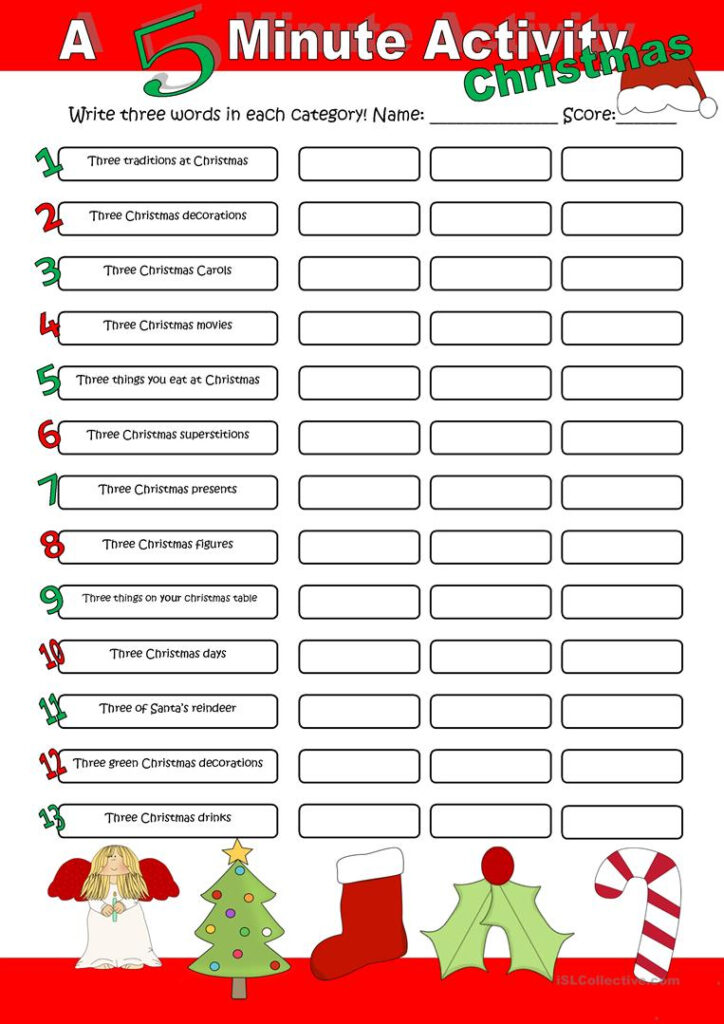 A 5 Minute Activity Christmas   English Esl Worksheets For
