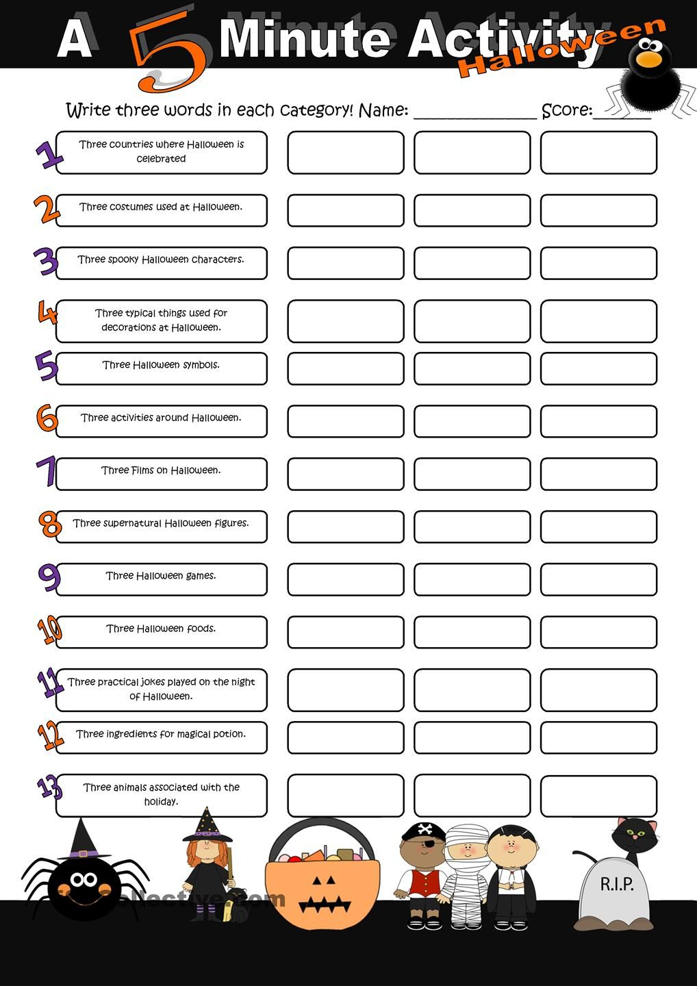 A 5 Minute Activity Halloween Edition | Halloween Worksheets