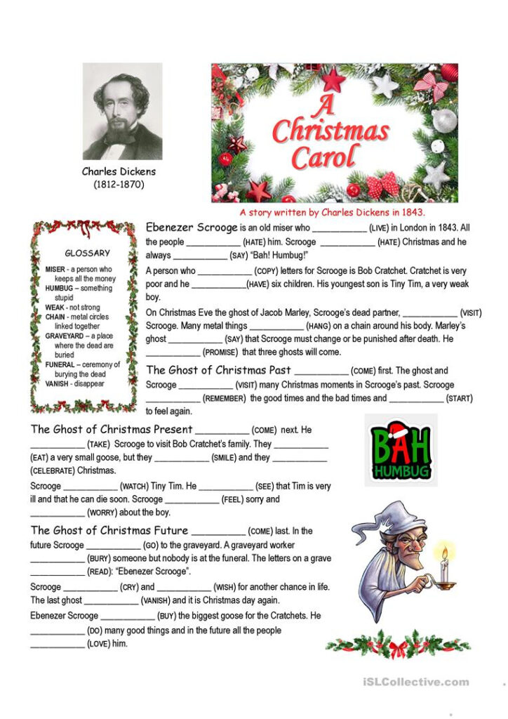 A Christmas Carol Summary Cloze   English Esl Worksheets For