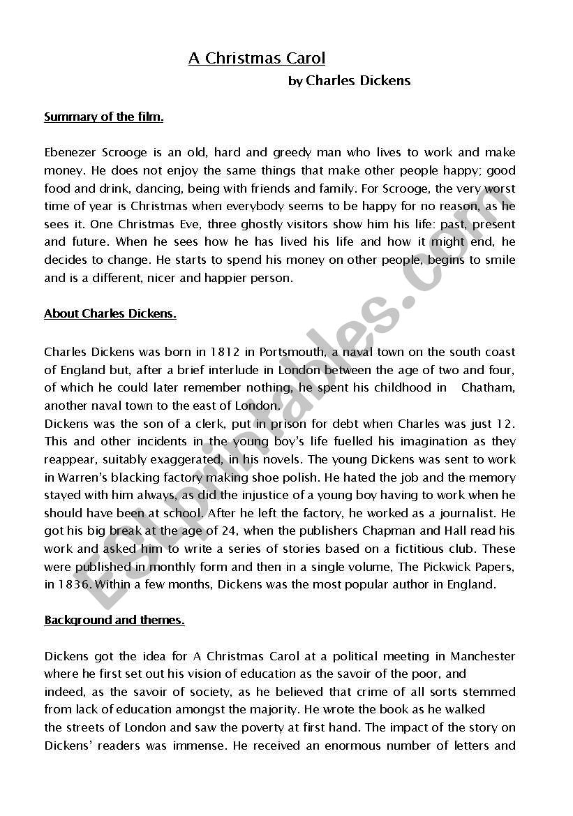 A Christmas Carolcharles Dickens - Esl Worksheet