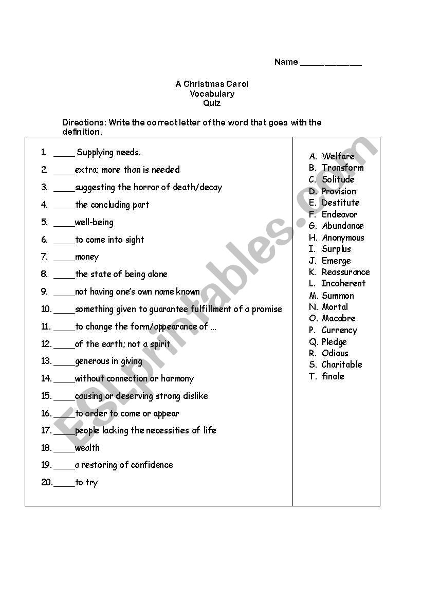 A Christmas Carolcharles Dickens Vocabulary Quiz - Esl