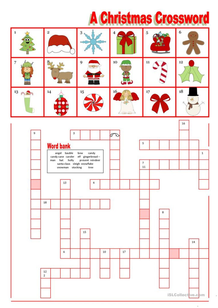 A Christmas Crossword With Word Bank   English Esl