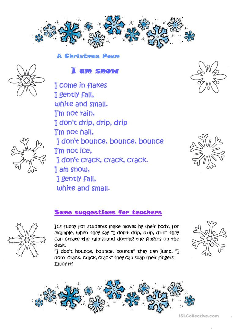 A Christmas Poem: I Am Snow - English Esl Worksheets For