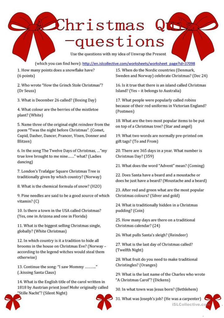A Christmas Quiz Questions Worksheet Free Esl Printable
