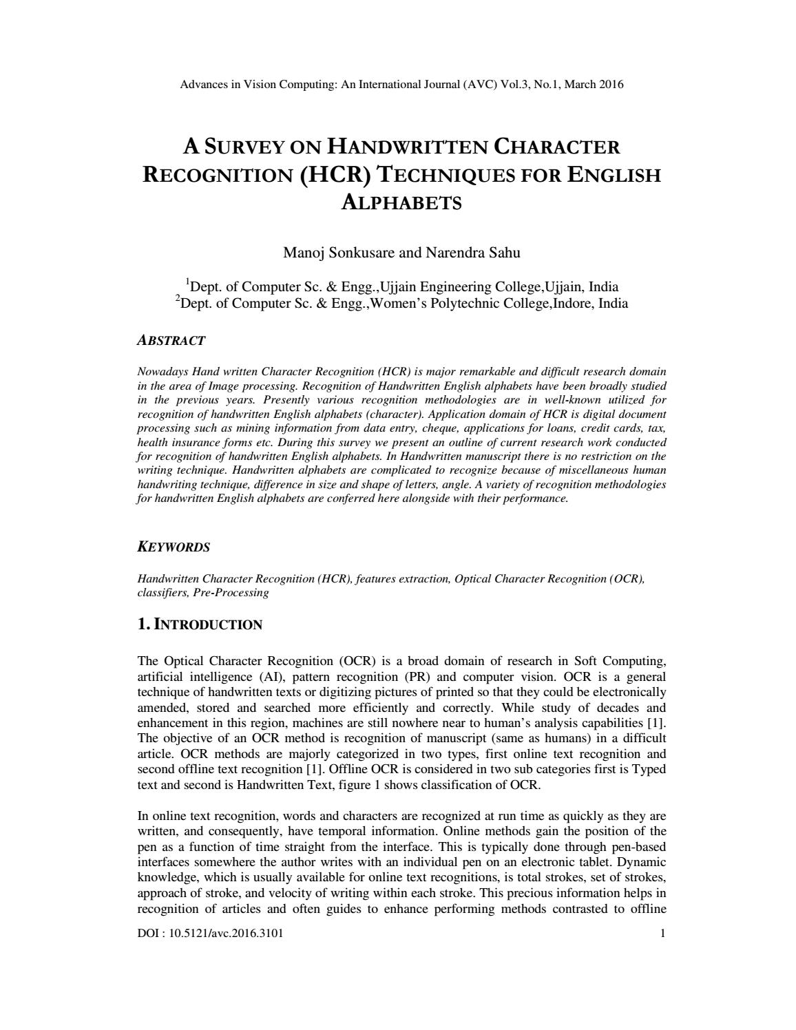 A Survey On Handwritten Character Recognition (Hcr