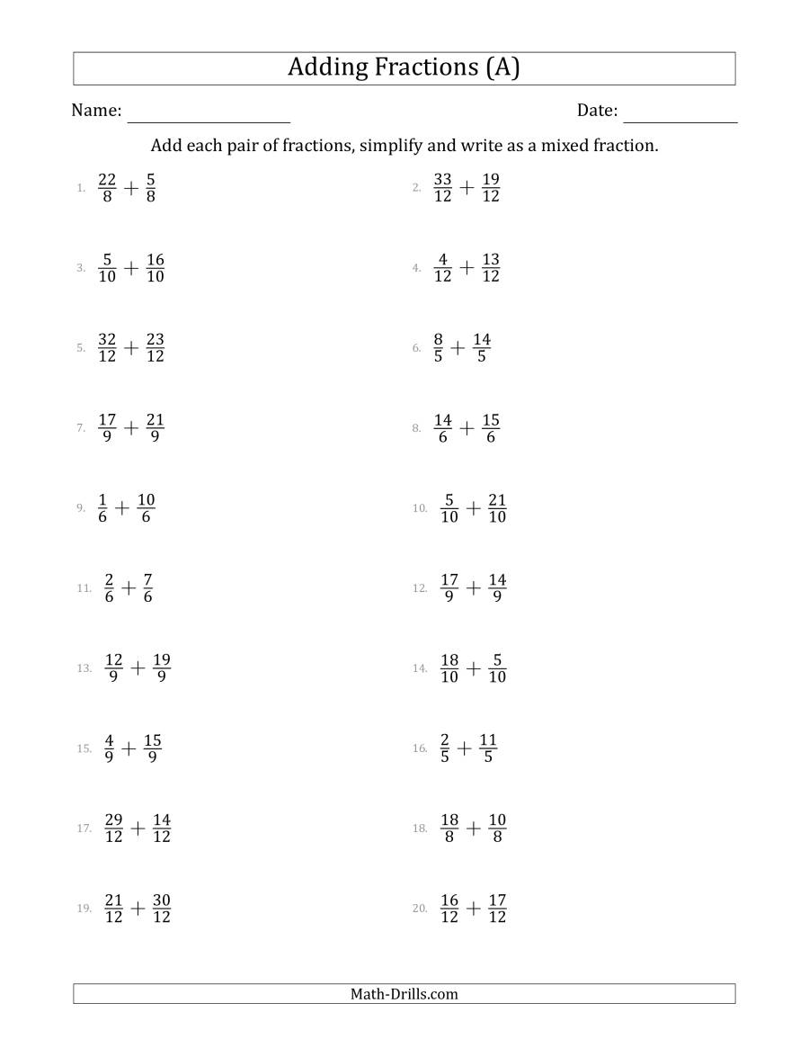 Adding Fractions With Like Denominators (Improper Fractions