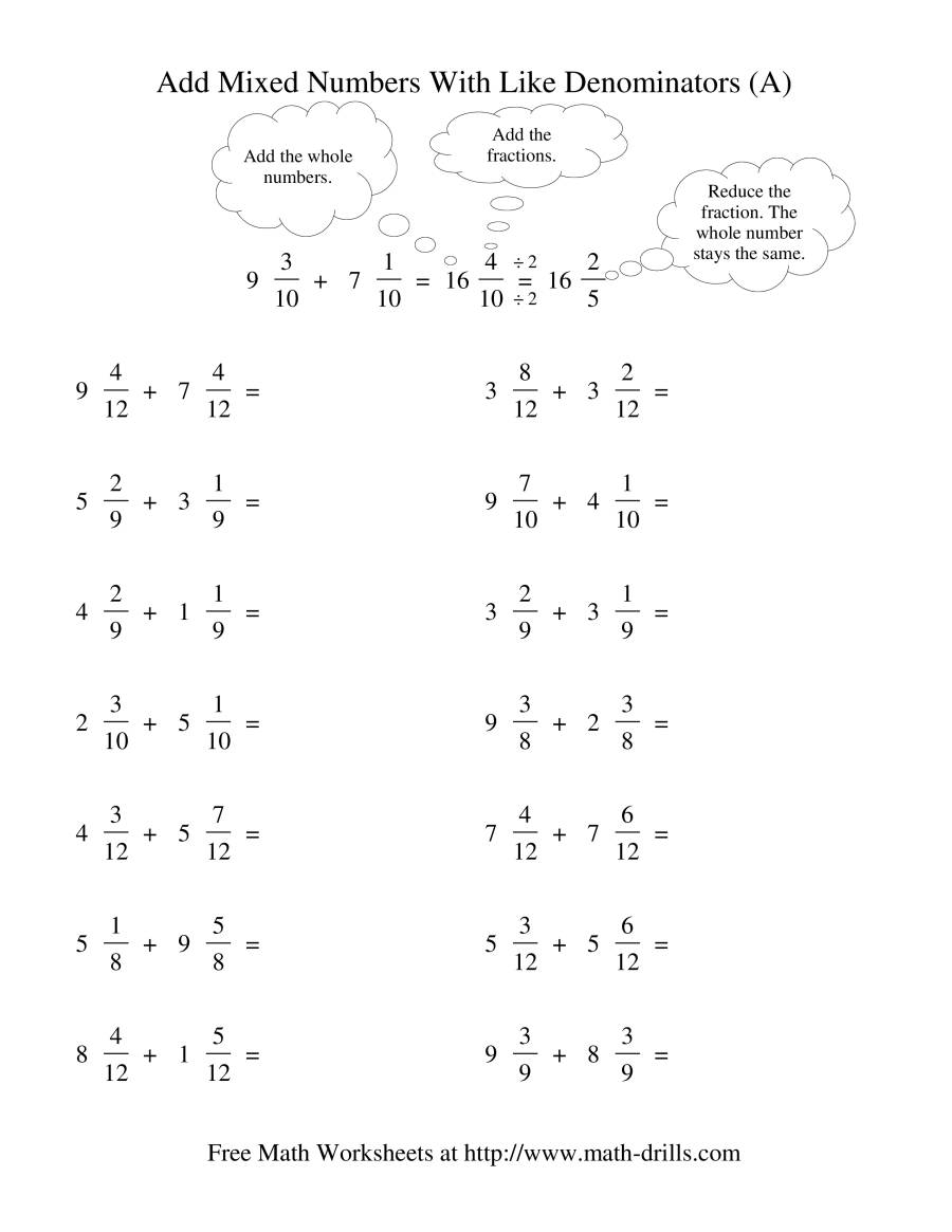 Adding Mixed Fractions -- Like Denominators Reducing No